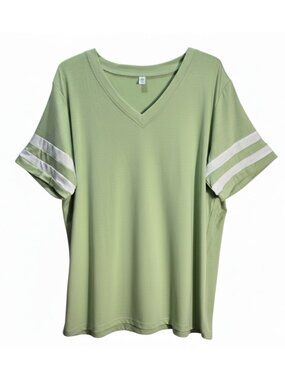 NWOT | Light Green Varsity Stripe Short Sleeve V-Neck Baseball Style Tee | 2XL